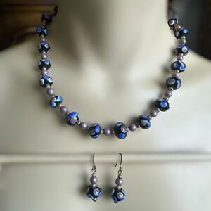 Vintage Artisan Beaded Necklace 18 Inch Match Earrings Set Lampwork Art Glass